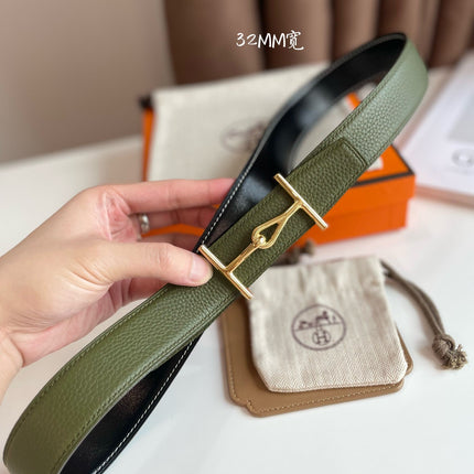 JUMBO BELT GOLD BUCKLE & REVERSIBLE OLIVE GREEN AND BLACK LEATHER STRAP 32MM