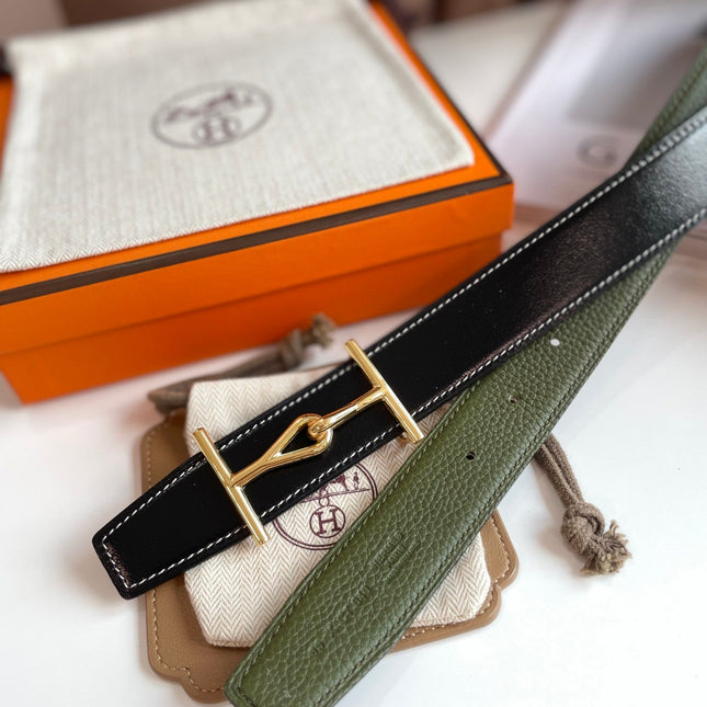 JUMBO BELT GOLD BUCKLE & REVERSIBLE OLIVE GREEN AND BLACK LEATHER STRAP 32MM