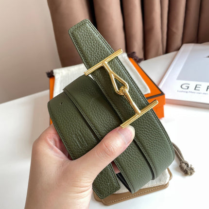 JUMBO BELT GOLD BUCKLE & REVERSIBLE OLIVE GREEN AND BLACK LEATHER STRAP 32MM