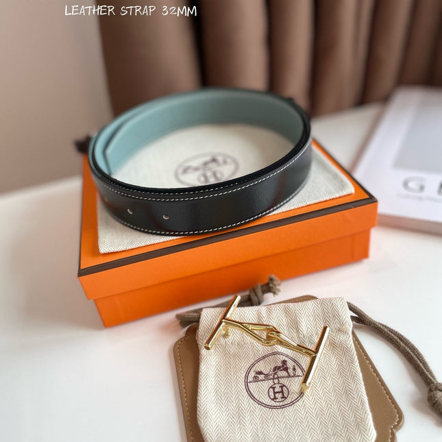 JUMBO BELT GOLD BUCKLE & REVERSIBLE ASH GREEN AND BLACK LEATHER STRAP 32MM