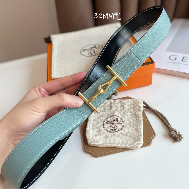 JUMBO BELT GOLD BUCKLE & REVERSIBLE ASH GREEN AND BLACK LEATHER STRAP 32MM