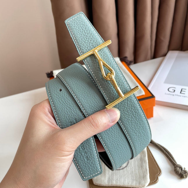 JUMBO BELT GOLD BUCKLE & REVERSIBLE ASH GREEN AND BLACK LEATHER STRAP 32MM