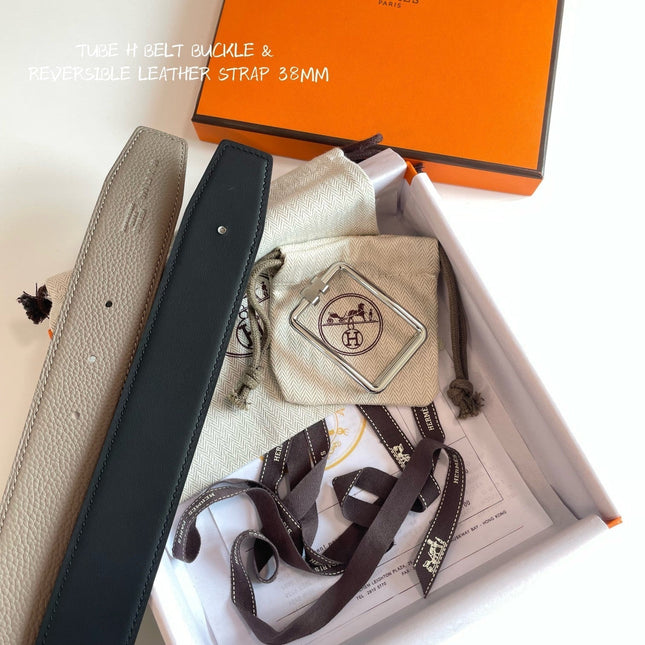 TUBE H BELT BUCKLE & REVERSIBLE KHAKI BROWN AND BLACK LEATHER STRAP 38MM SILVER HARDWARE