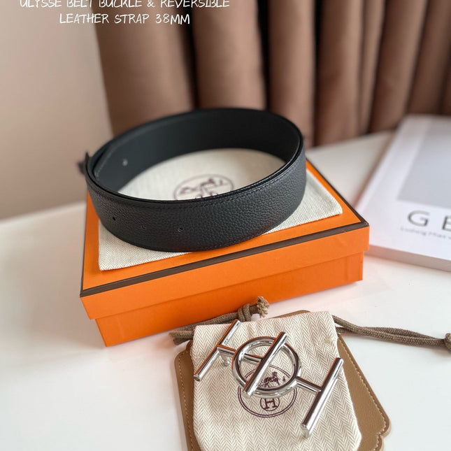 ULYSSE BELT BUCKLE & REVERSIBLE BLACK LEATHER STRAP 38MM SILVER HARDWARE