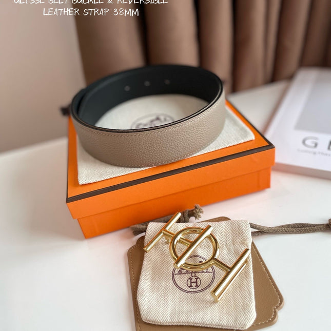 ULYSSE BELT BUCKLE & REVERSIBLE KHAKI BROWN LEATHER STRAP 38MM GOLD HARDWARE