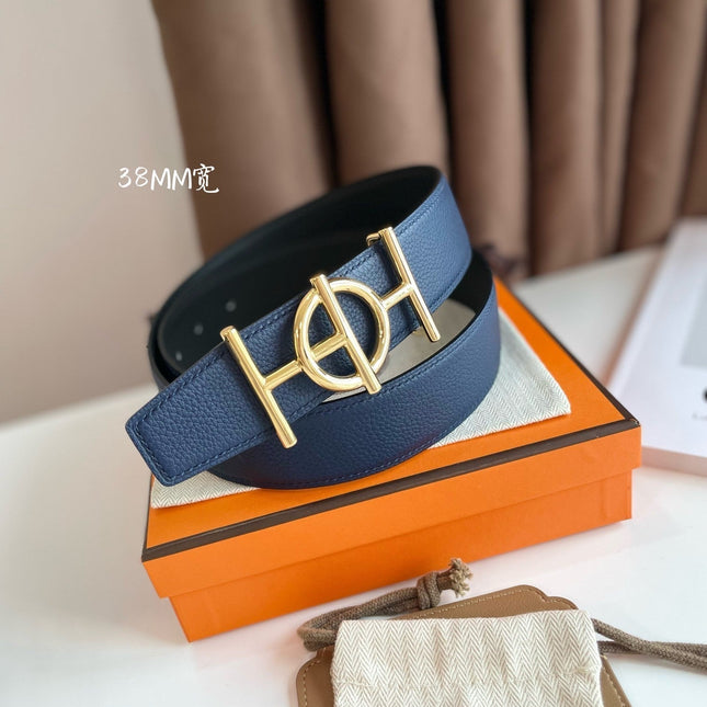 ULYSSE BELT BUCKLE & REVERSIBLE NAVY BLUE LEATHER STRAP 38MM GOLD HARDWARE