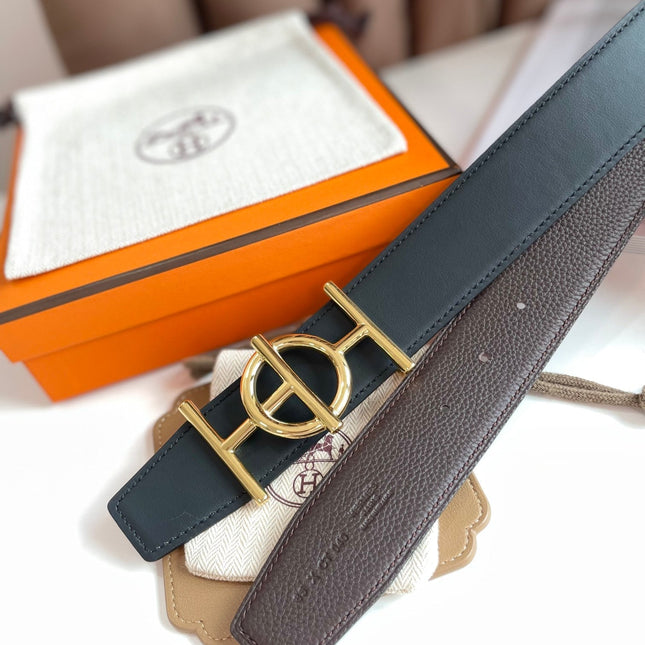 ULYSSE BELT BUCKLE & REVERSIBLE CHOCOLATE BROWN LEATHER STRAP 38MM GOLD HARDWARE