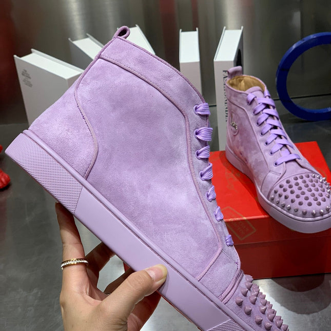 LOU SPIKES STUDDED HIGH-TOP SNEAKERS IN BABY PURPLE SUEDE