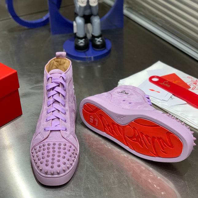 LOU SPIKES STUDDED HIGH-TOP SNEAKERS IN BABY PURPLE SUEDE