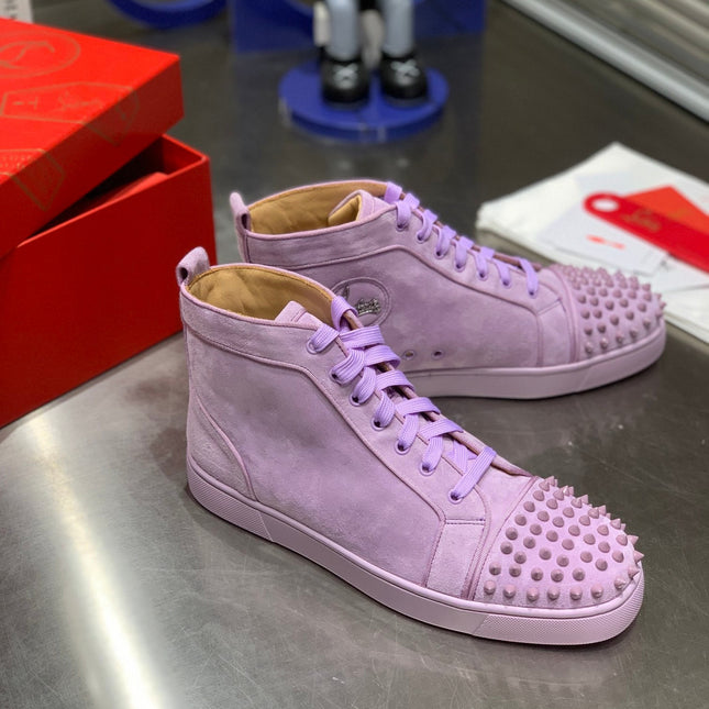 LOU SPIKES STUDDED HIGH-TOP SNEAKERS IN BABY PURPLE SUEDE