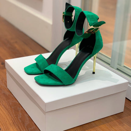 BALMAIN 25S THIN STRAP HIGH HEELS 105MM IN GREEN SUEDE GOLD HARDWARE