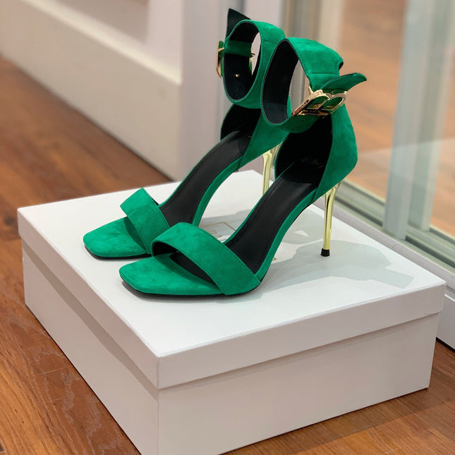 BALMAIN 25S THIN STRAP HIGH HEELS 105MM IN GREEN SUEDE GOLD HARDWARE