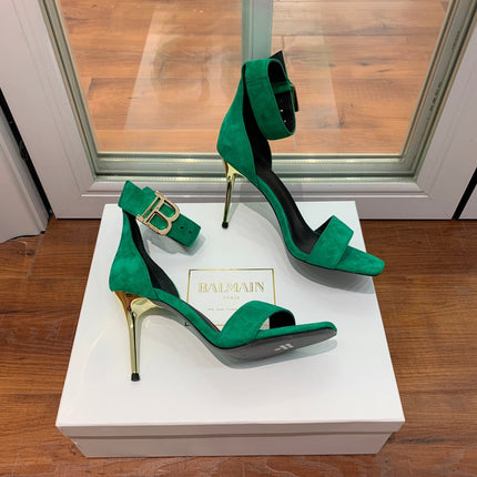 BALMAIN 25S THIN STRAP HIGH HEELS 105MM IN GREEN SUEDE GOLD HARDWARE
