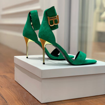 BALMAIN 25S THIN STRAP HIGH HEELS 105MM IN GREEN SUEDE GOLD HARDWARE