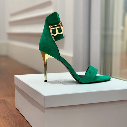 BALMAIN 25S THIN STRAP HIGH HEELS 105MM IN GREEN SUEDE GOLD HARDWARE