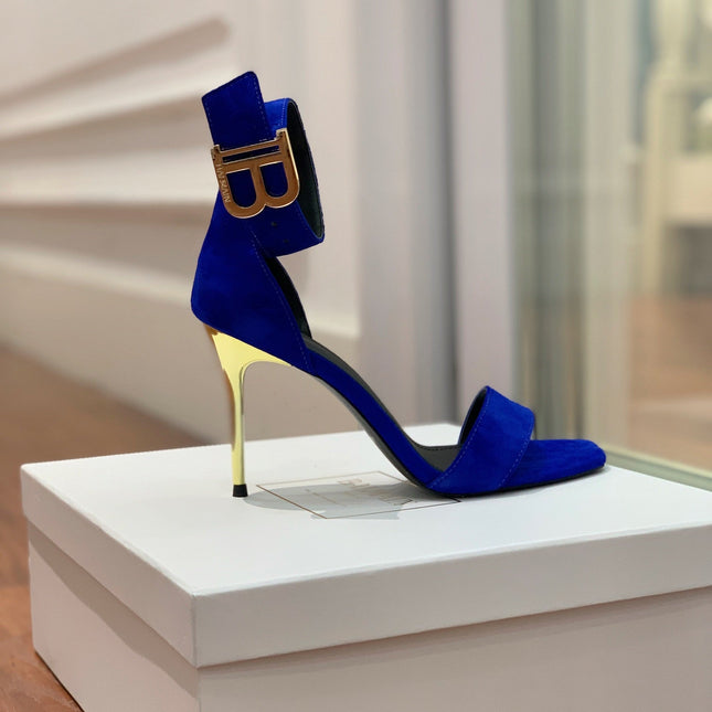 BALMAIN 25S THIN STRAP HIGH HEELS 105MM IN DARK BLUE SUEDE GOLD HARDWARE