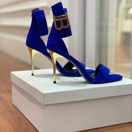 BALMAIN 25S THIN STRAP HIGH HEELS 105MM IN DARK BLUE SUEDE GOLD HARDWARE