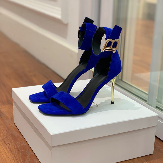 BALMAIN 25S THIN STRAP HIGH HEELS 105MM IN DARK BLUE SUEDE GOLD HARDWARE