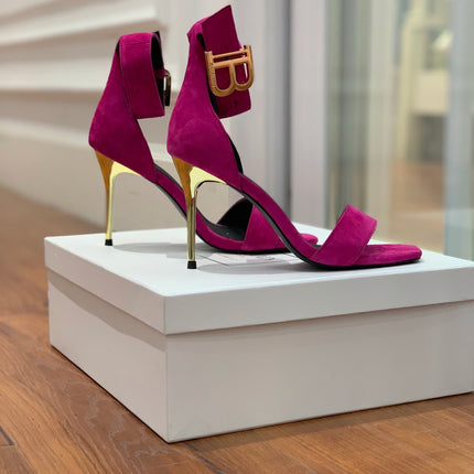 BALMAIN 25S THIN STRAP HIGH HEELS 105MM IN FUCHSIA SUEDE GOLD HARDWARE