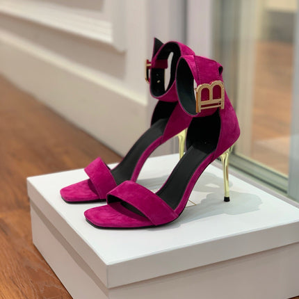 BALMAIN 25S THIN STRAP HIGH HEELS 105MM IN FUCHSIA SUEDE GOLD HARDWARE
