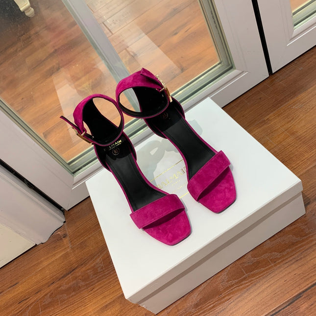 BALMAIN 25S THIN STRAP HIGH HEELS 105MM IN FUCHSIA SUEDE GOLD HARDWARE