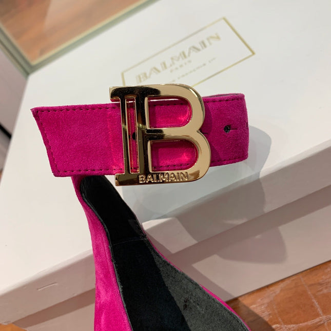 BALMAIN 25S THIN STRAP HIGH HEELS 105MM IN FUCHSIA SUEDE GOLD HARDWARE