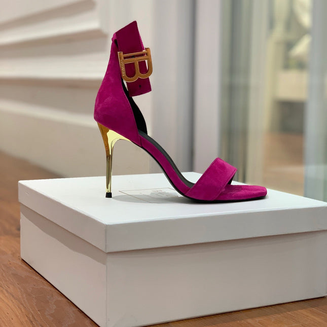 BALMAIN 25S THIN STRAP HIGH HEELS 105MM IN FUCHSIA SUEDE GOLD HARDWARE