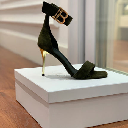 BALMAIN 25S THIN STRAP HIGH HEELS 105MM IN VERY DEEP OLIVE SUEDE GOLD HARDWARE