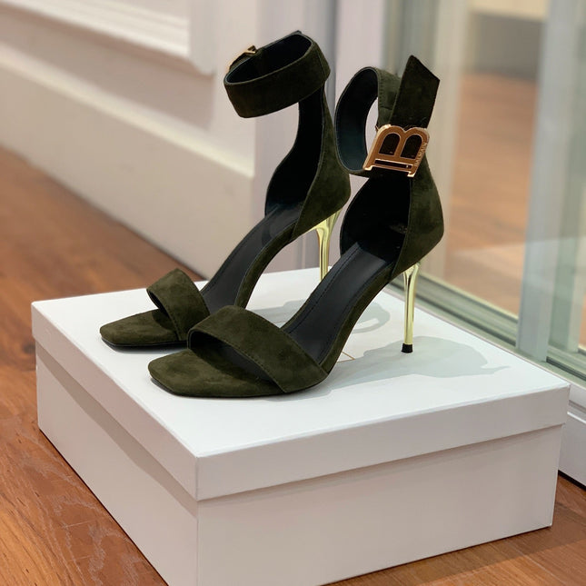 BALMAIN 25S THIN STRAP HIGH HEELS 105MM IN VERY DEEP OLIVE SUEDE GOLD HARDWARE