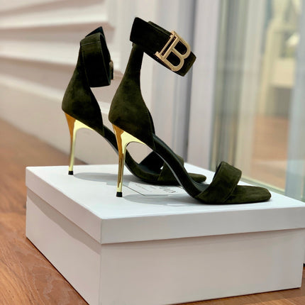 BALMAIN 25S THIN STRAP HIGH HEELS 105MM IN VERY DEEP OLIVE SUEDE GOLD HARDWARE