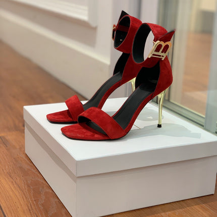 BALMAIN 25S THIN STRAP HIGH HEELS 105MM IN DARK RED SUEDE GOLD HARDWARE