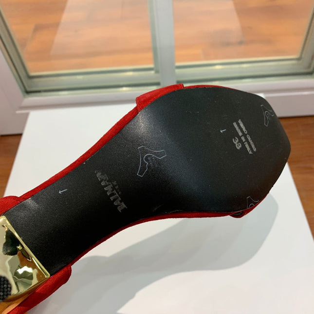 BALMAIN 25S THIN STRAP HIGH HEELS 105MM IN DARK RED SUEDE GOLD HARDWARE