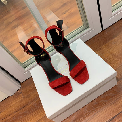 BALMAIN 25S THIN STRAP HIGH HEELS 105MM IN DARK RED SUEDE GOLD HARDWARE