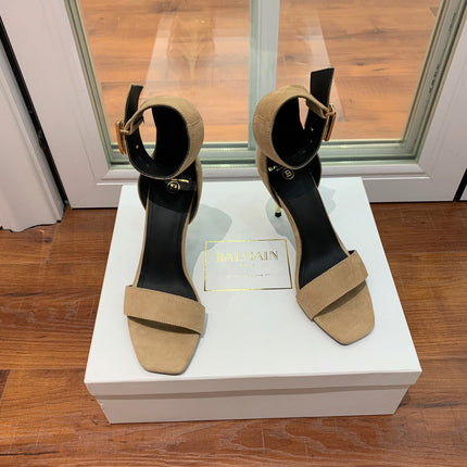 BALMAIN 25S THIN STRAP HIGH HEELS 105MM IN LIGHT MOCHA SUEDE GOLD HARDWARE