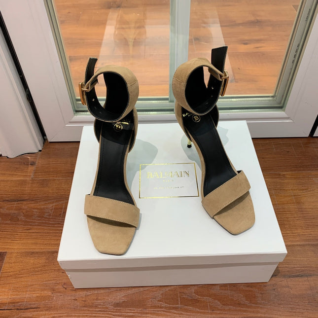 BALMAIN 25S THIN STRAP HIGH HEELS 105MM IN LIGHT MOCHA SUEDE GOLD HARDWARE