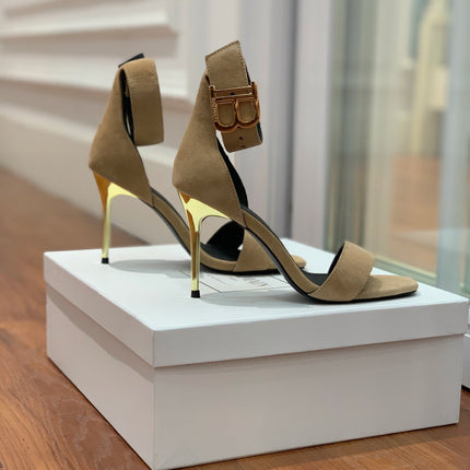 BALMAIN 25S THIN STRAP HIGH HEELS 105MM IN LIGHT MOCHA SUEDE GOLD HARDWARE