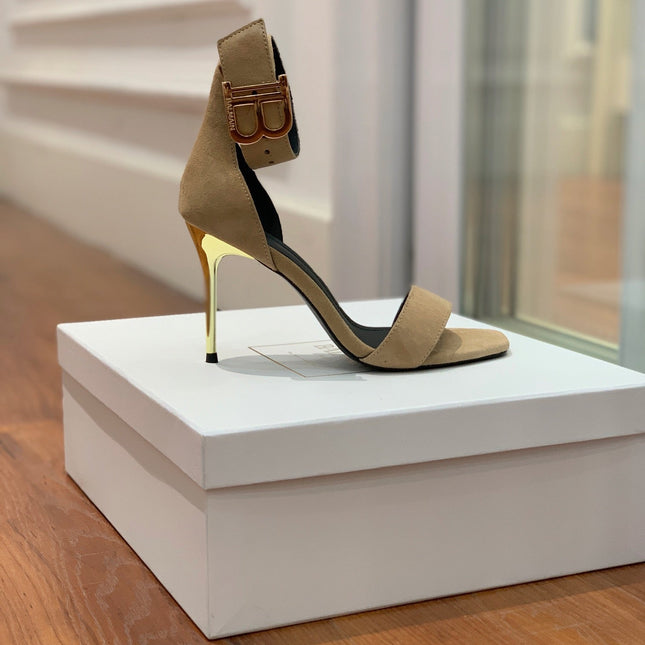 BALMAIN 25S THIN STRAP HIGH HEELS 105MM IN LIGHT MOCHA SUEDE GOLD HARDWARE