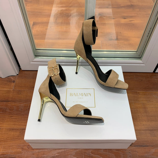 BALMAIN 25S THIN STRAP HIGH HEELS 105MM IN LIGHT MOCHA SUEDE GOLD HARDWARE
