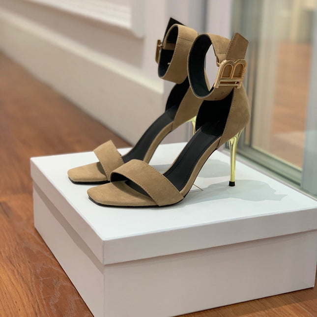 BALMAIN 25S THIN STRAP HIGH HEELS 105MM IN LIGHT MOCHA SUEDE GOLD HARDWARE