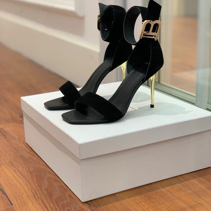 BALMAIN 25S THIN STRAP HIGH HEELS 105MM IN BLACK SUEDE GOLD HARDWARE