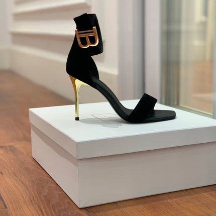 BALMAIN 25S THIN STRAP HIGH HEELS 105MM IN BLACK SUEDE GOLD HARDWARE