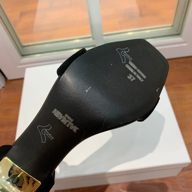 BALMAIN 25S THIN STRAP HIGH HEELS 105MM IN BLACK SUEDE GOLD HARDWARE