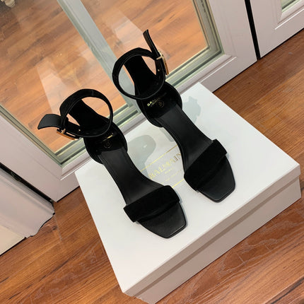 BALMAIN 25S THIN STRAP HIGH HEELS 105MM IN BLACK SUEDE GOLD HARDWARE