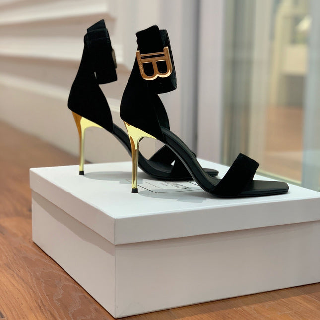 BALMAIN 25S THIN STRAP HIGH HEELS 105MM IN BLACK SUEDE GOLD HARDWARE