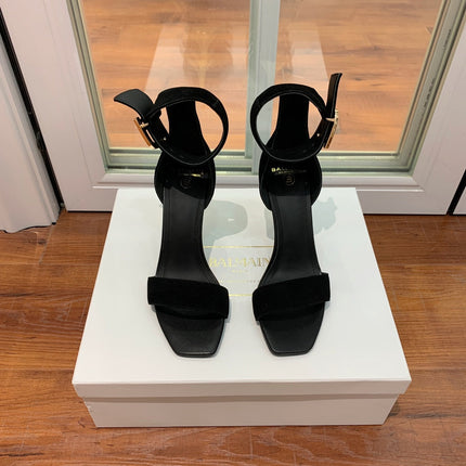 BALMAIN 25S THIN STRAP HIGH HEELS 105MM IN BLACK SUEDE GOLD HARDWARE