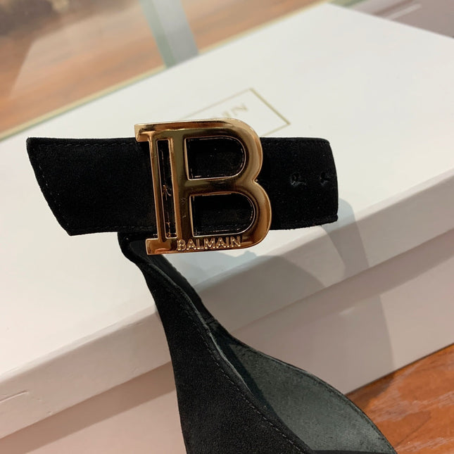 BALMAIN 25S THIN STRAP HIGH HEELS 105MM IN BLACK SUEDE GOLD HARDWARE