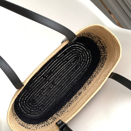 LOEWE 25S BASKET BAG 30 IN NATURAL MIX BLACK RAFFIA CALFSKIN SHOULDER STRAP