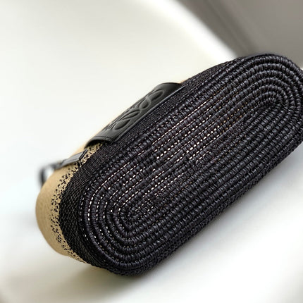 LOEWE 25S BASKET BAG 30 IN NATURAL MIX BLACK RAFFIA CALFSKIN SHOULDER STRAP