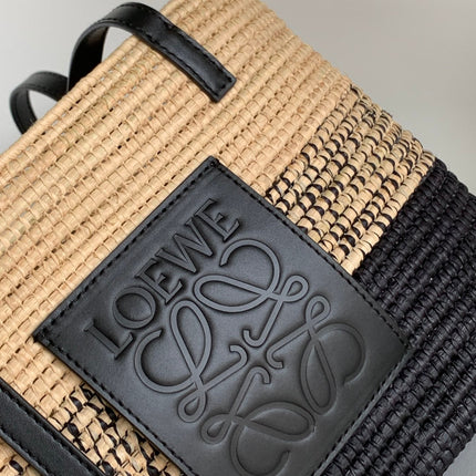 LOEWE 25S BASKET BAG 30 IN NATURAL MIX BLACK RAFFIA CALFSKIN SHOULDER STRAP