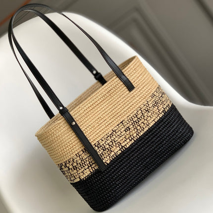 LOEWE 25S BASKET BAG 30 IN NATURAL MIX BLACK RAFFIA CALFSKIN SHOULDER STRAP